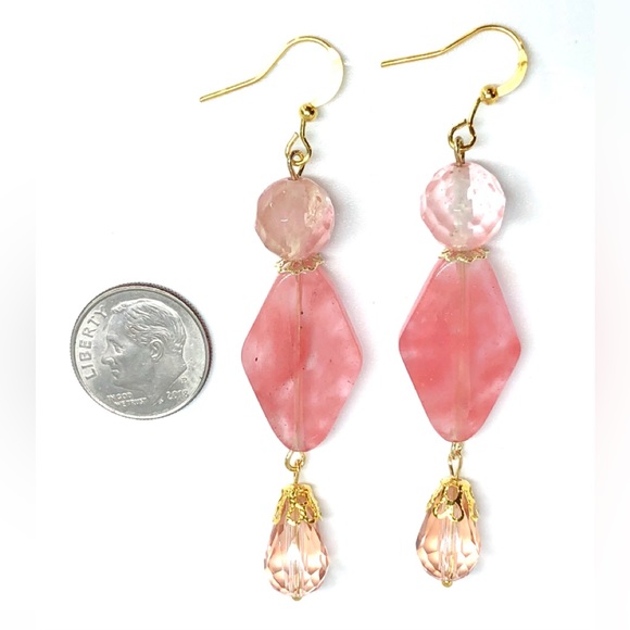 Pink Cherry Quartz Rhombus Watermelon Crystal and Glass Teardrop Dangle Earrings - Picture 3 of 3